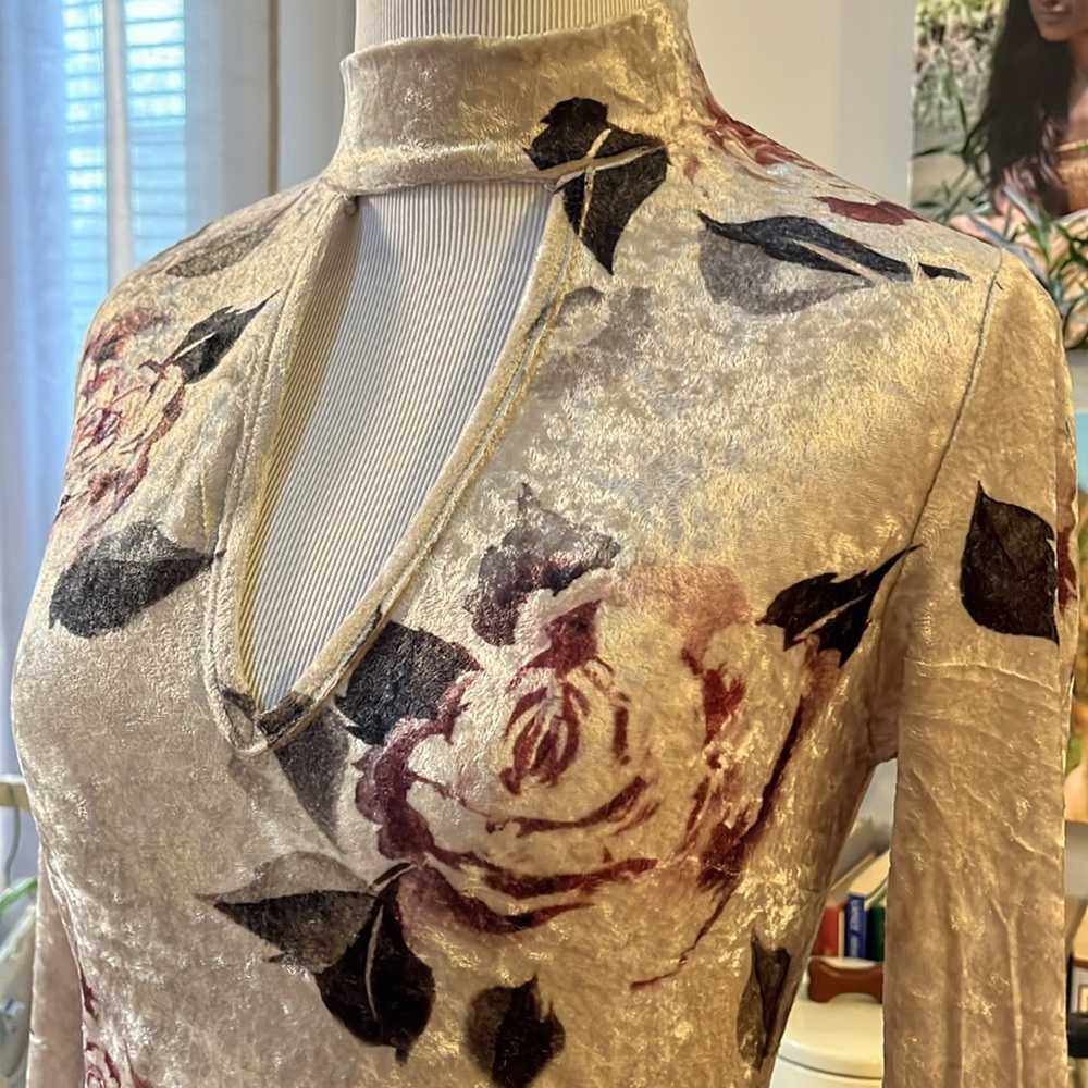 CHARLOTTE RUSSE LONG SLEEVE HIGH NECK ROSE PRINT VELOUR BODYSUIT MULTI SIZE S - Picture 3 of 15